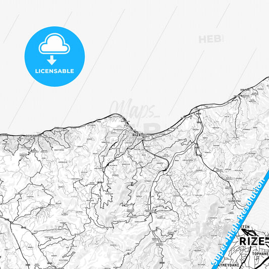 Rize, Turkey light map with streetnames, citynames and districts