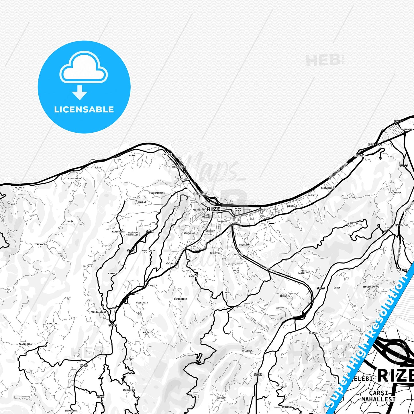 Rize, Turkey Light Map with Street Names, City Names, and Districts