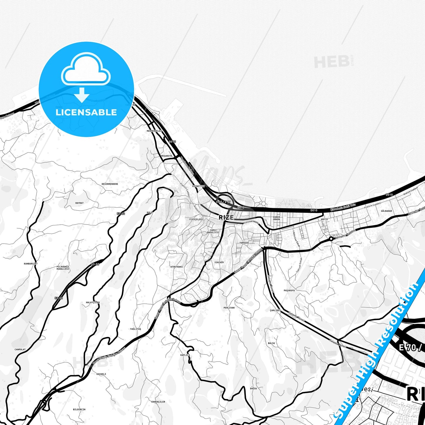 Rize, Turkey Light Map with Street Names, City Names, and Districts