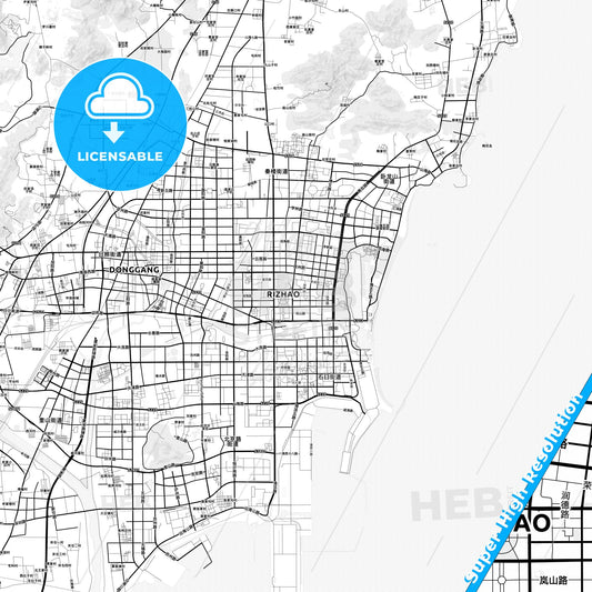Rizhao, China light map with streetnames, citynames and districts