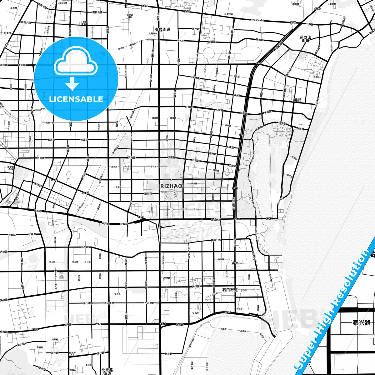 Rizhao, China Light Map with Street Names, City Names, and Districts