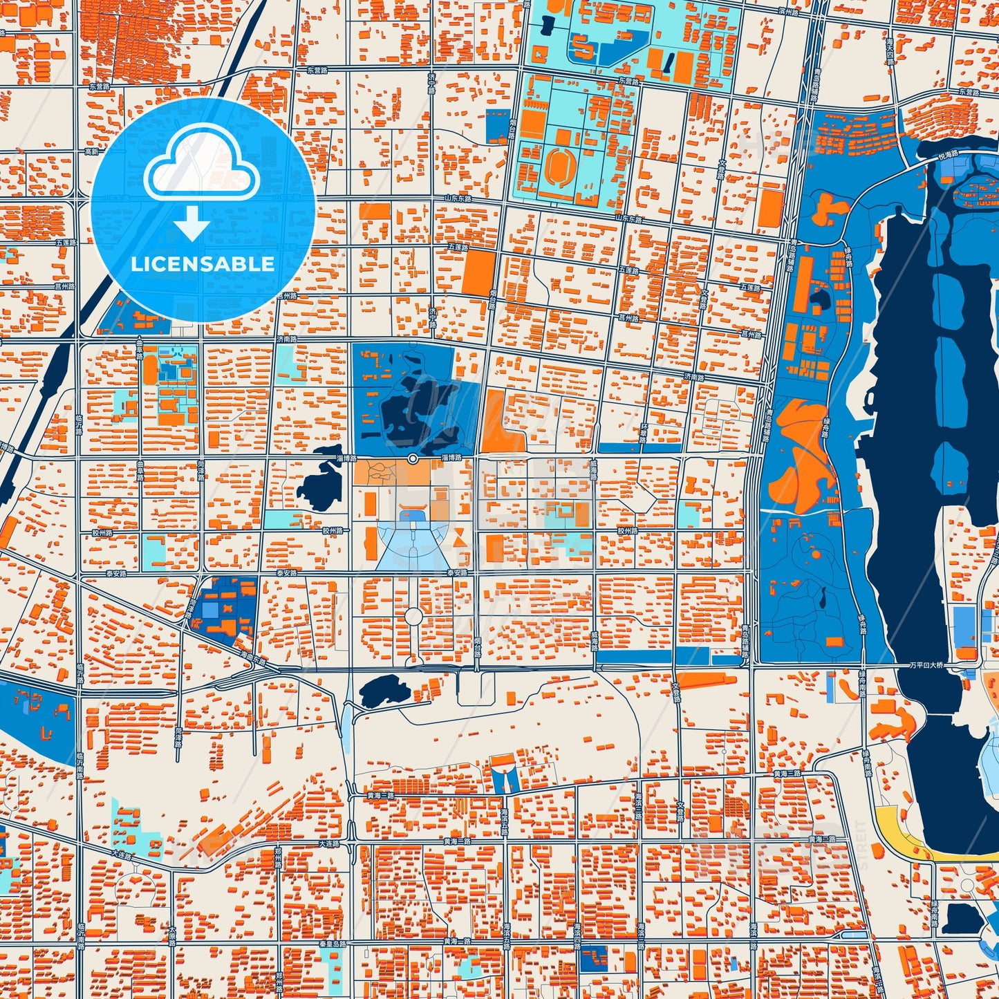 Colorful Rizhao Street Map with Labels and Buildings