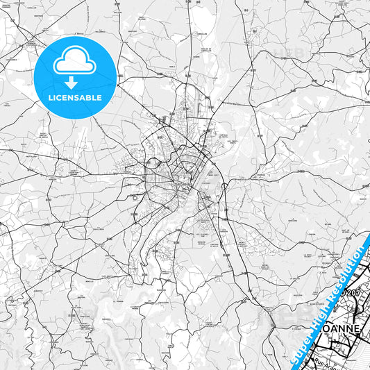 Roanne, France light map with streetnames, citynames and districts