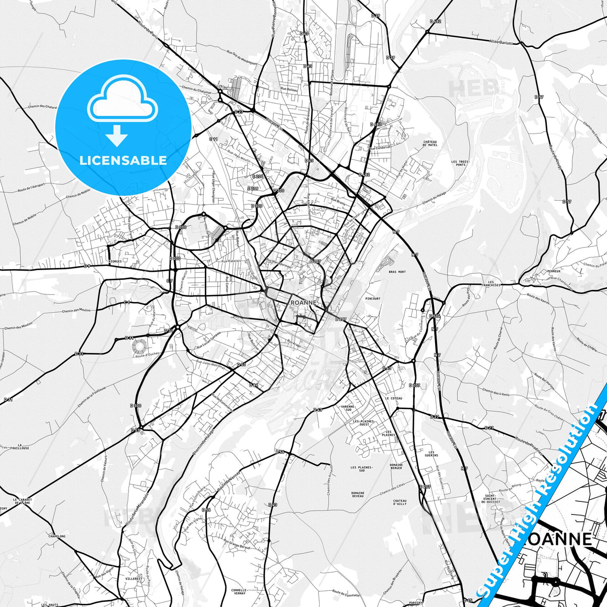 Roanne, France Light Map with Street Names, City Names, and Districts