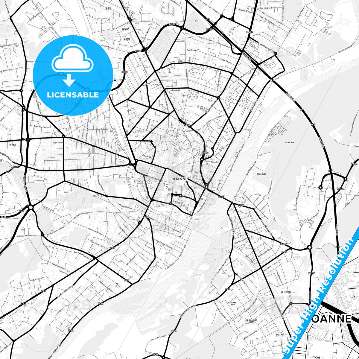 Roanne, France Light Map with Street Names, City Names, and Districts