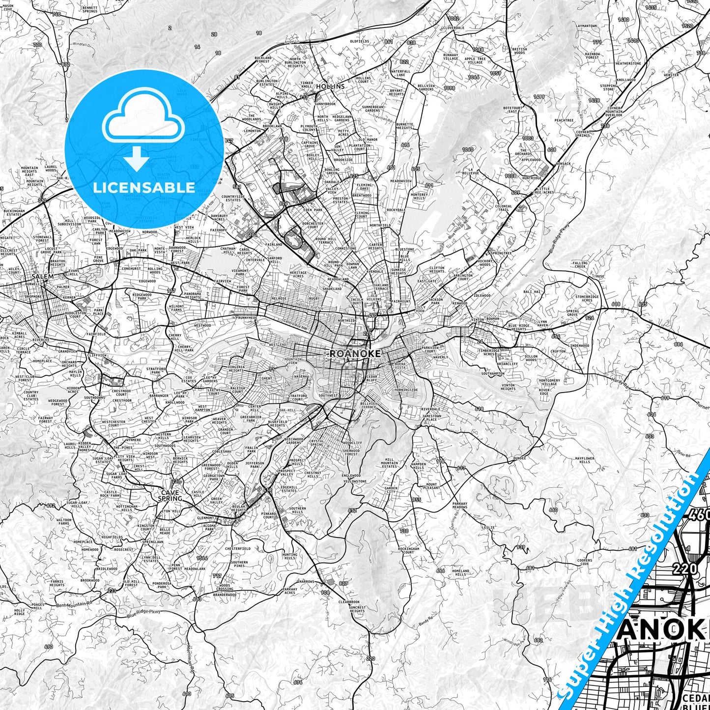 Roanoke, Virginia light map with streetnames, citynames and districts