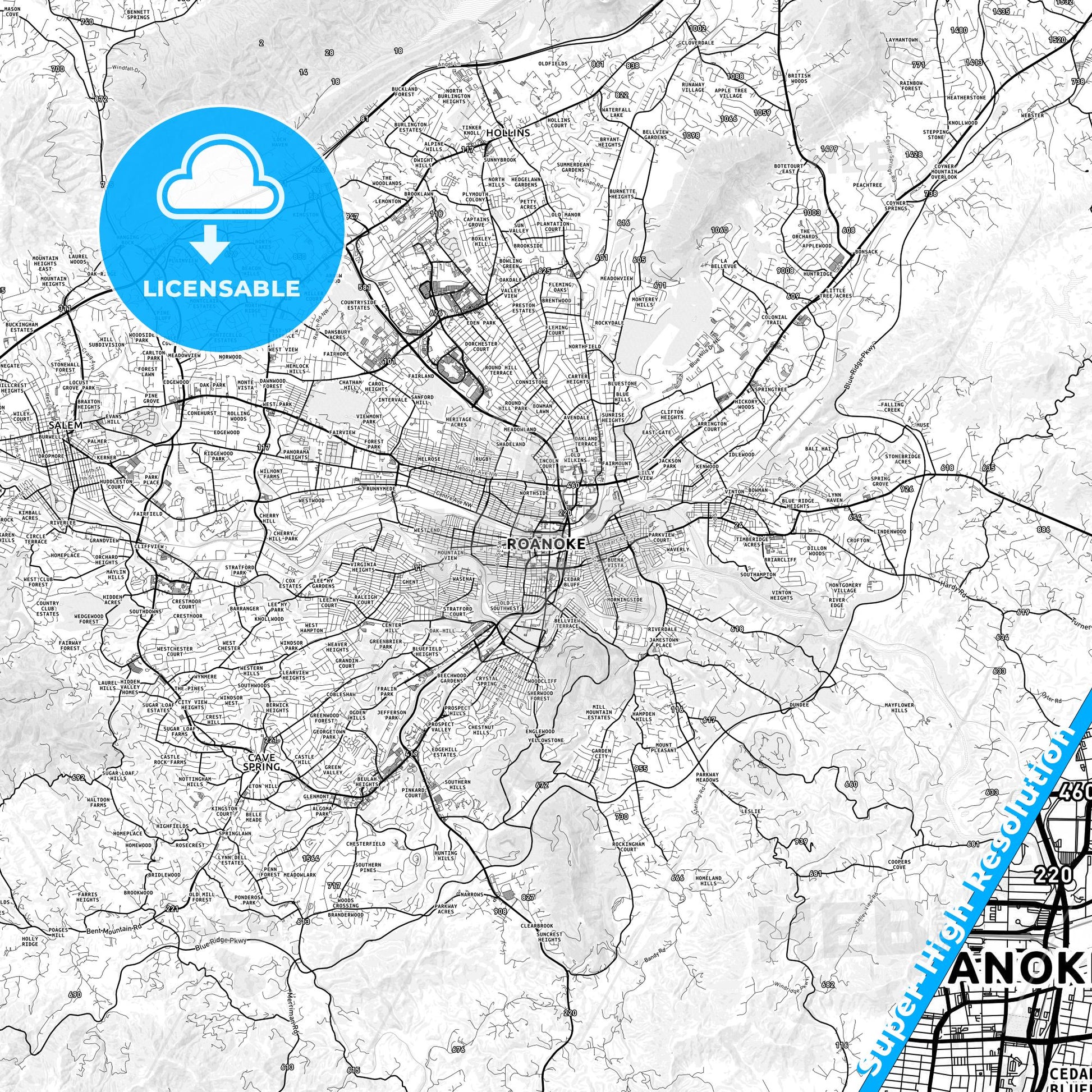 Roanoke, Virginia light map with streetnames, citynames and districts