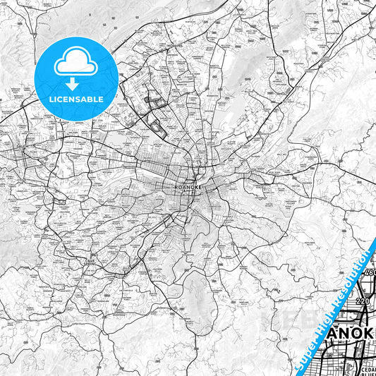 Roanoke, Virginia light map with streetnames, citynames and districts