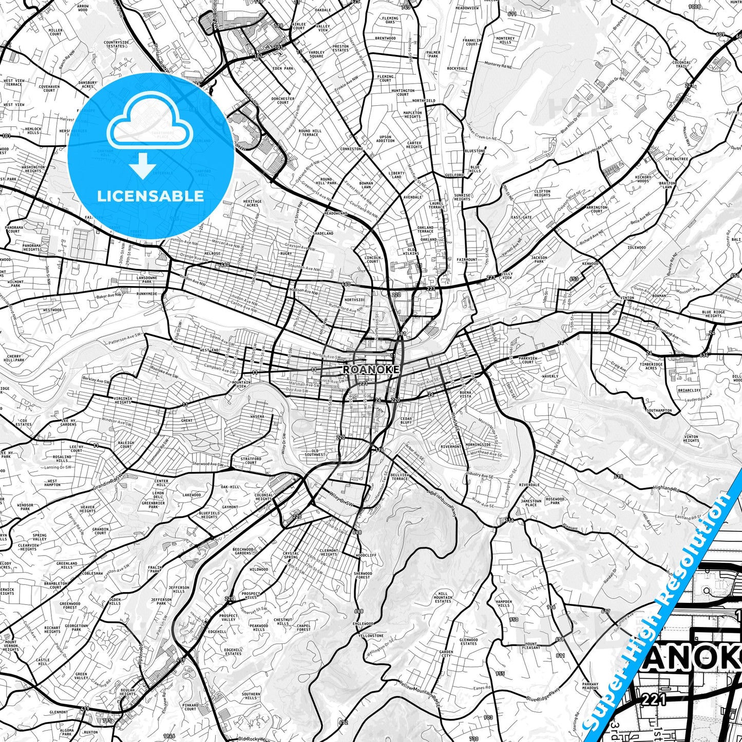 Roanoke, Virginia Light Map with Street Names, City Names, and Districts