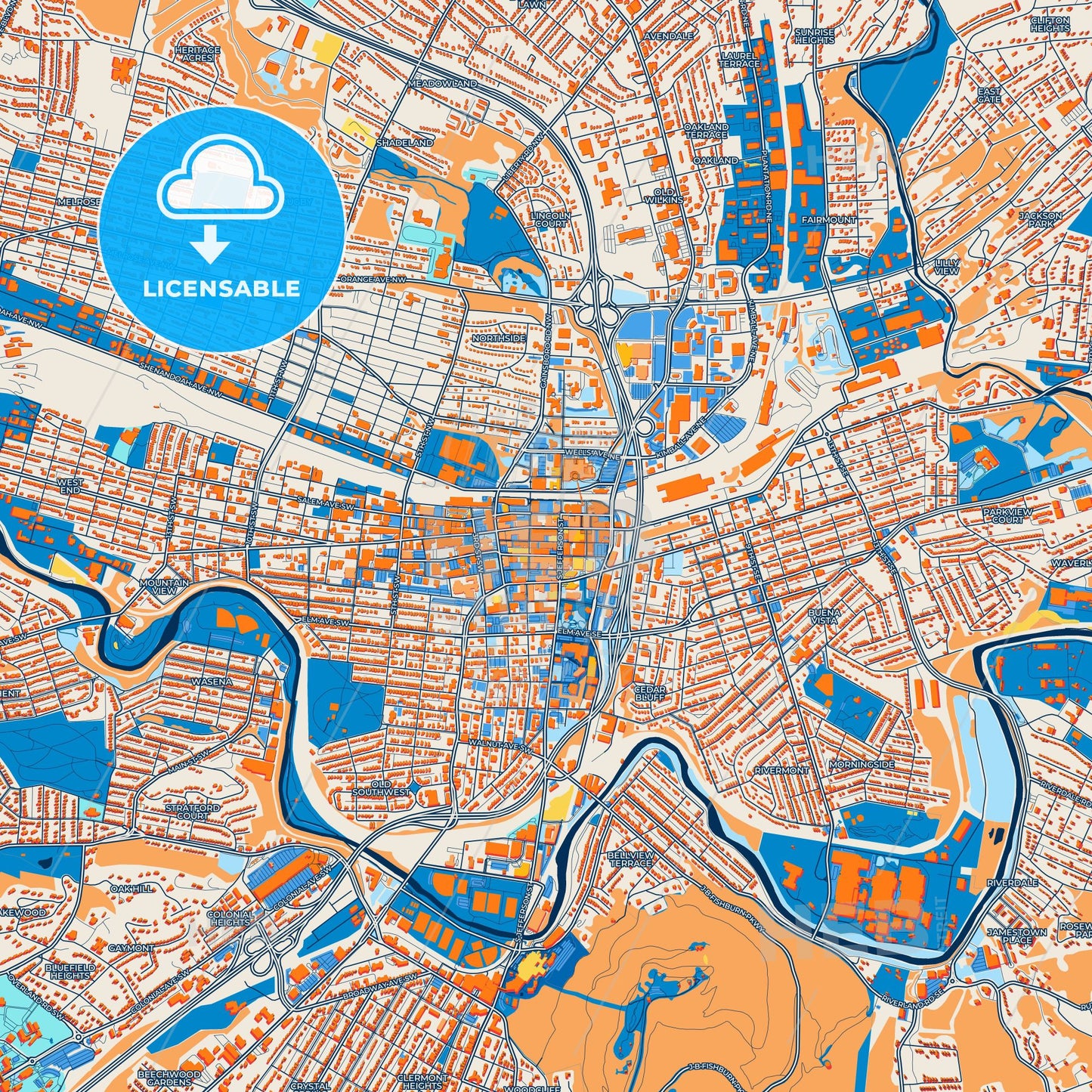 Colorful Roanoke Street Map with Labels and Buildings