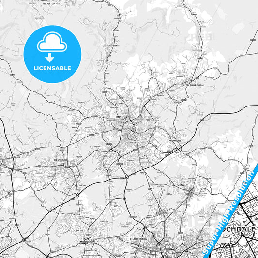 Rochdale, England light map with streetnames, citynames and districts
