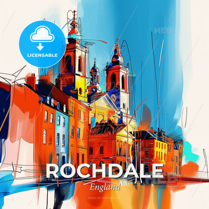 Vibrant Rochdale, England - A Painting Of A Building With Towers - Square format print template