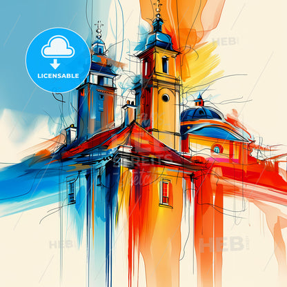 Vibrant Rochdale, England - A Painting Of A Building With Towers And A Blue And Orange Sky