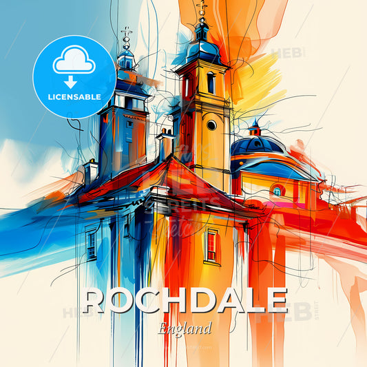 Vibrant Rochdale, England - A Painting Of A Building With Towers And A Blue And Orange Sky - Square format print template