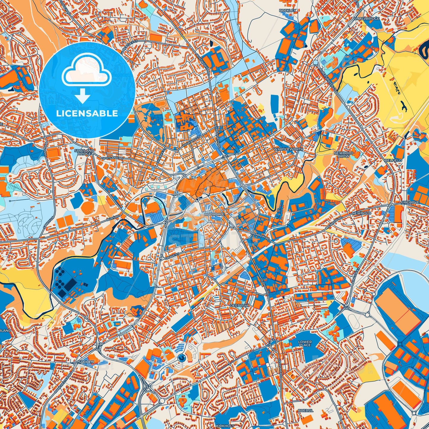 Colorful Rochdale Street Map with Labels and Buildings