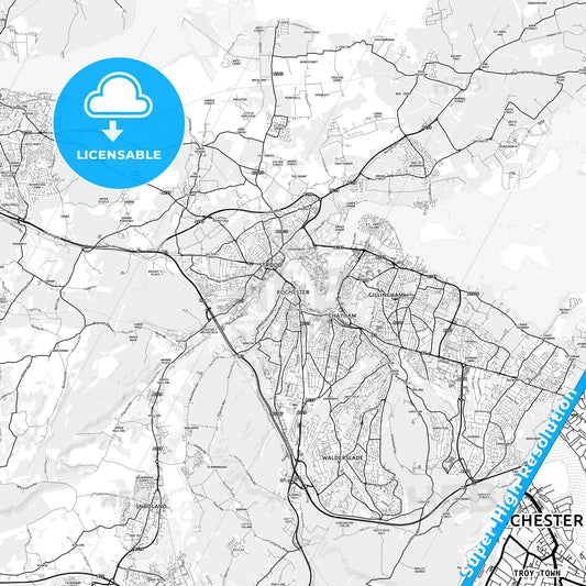 Rochester, England light map with streetnames, citynames and districts