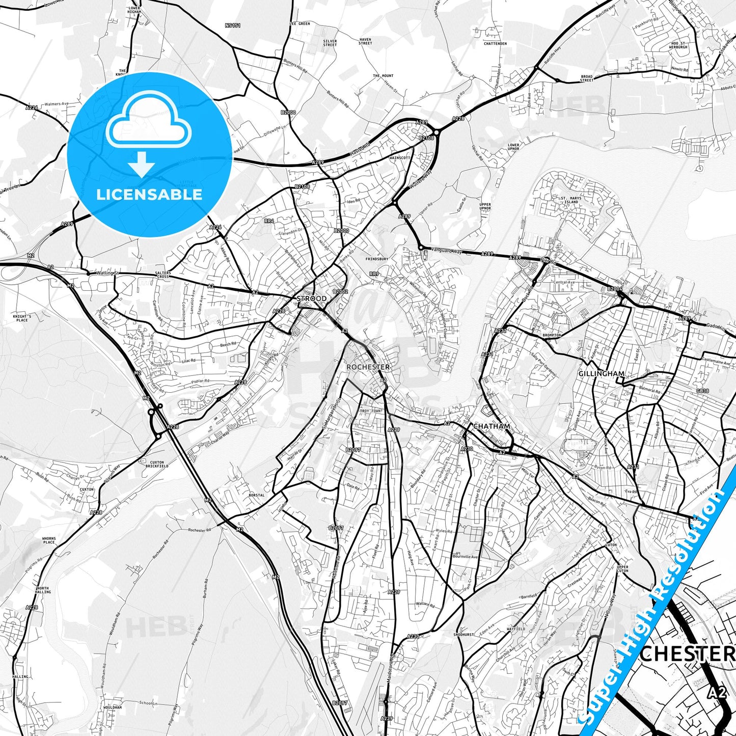 Rochester, England Light Map with Street Names, City Names, and Districts