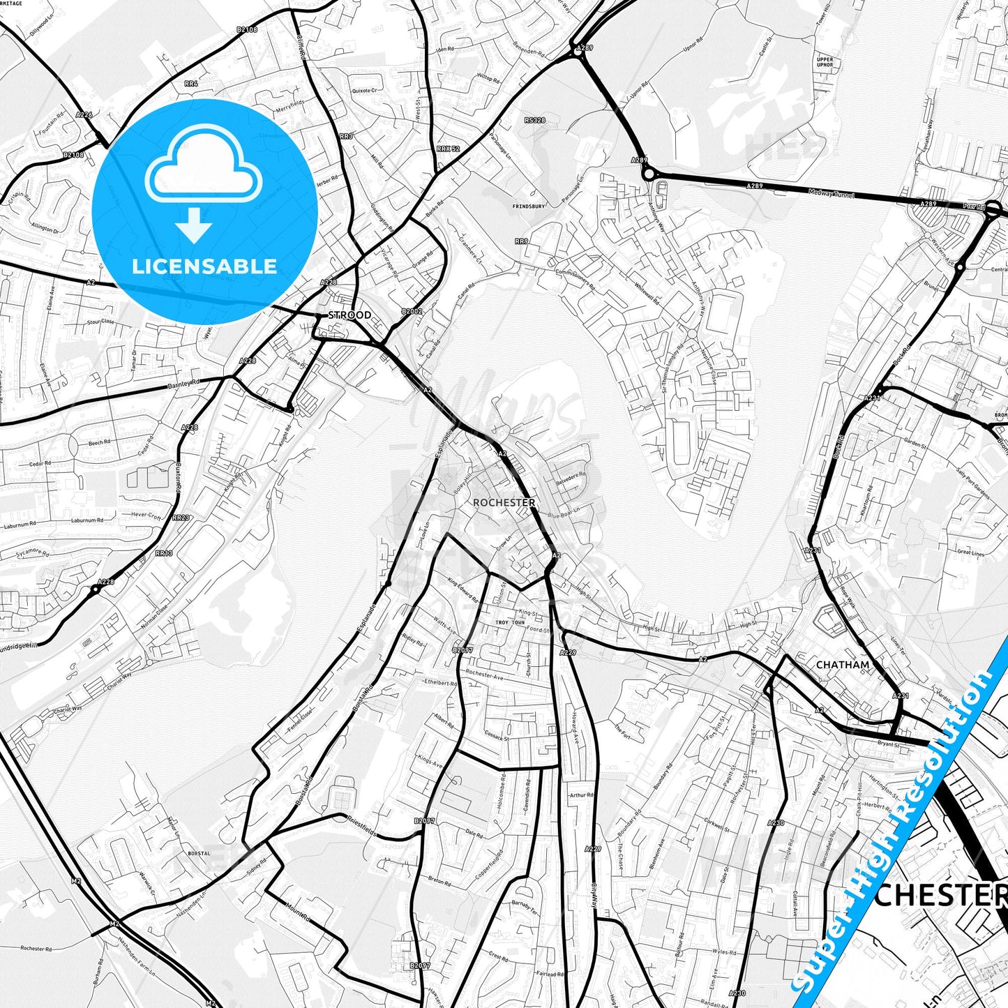 Rochester, England Light Map with Street Names, City Names, and Districts