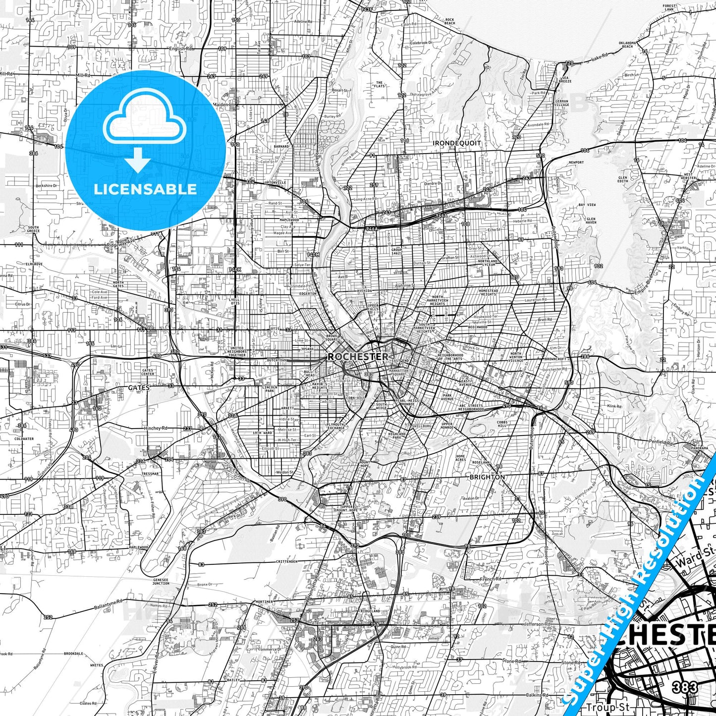 Rochester, New York light map with streetnames, citynames and districts