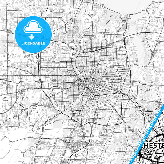 Rochester, New York light map with streetnames, citynames and districts