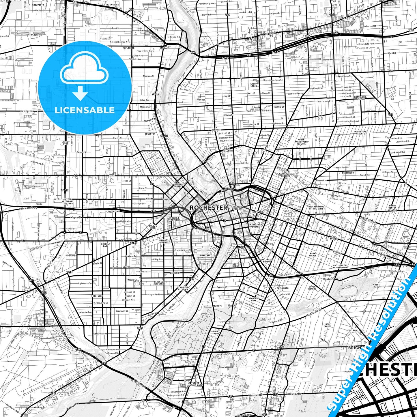 Rochester, New York Light Map with Street Names, City Names, and Districts