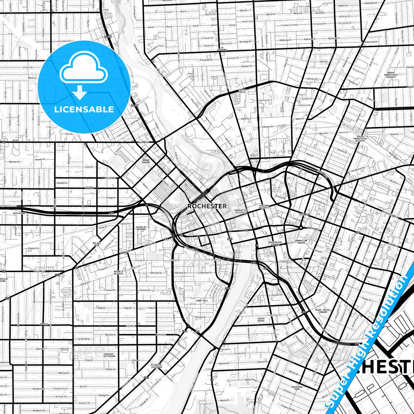 Rochester, New York Light Map with Street Names, City Names, and Districts