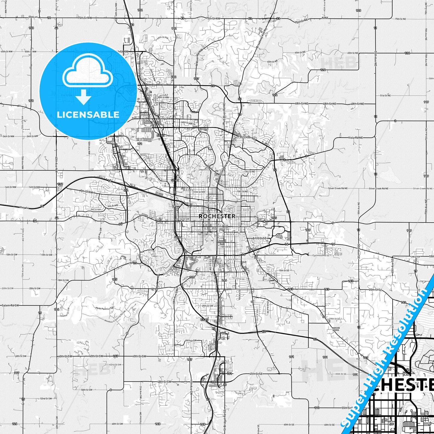 Rochester, Minnesota light map with streetnames, citynames and districts