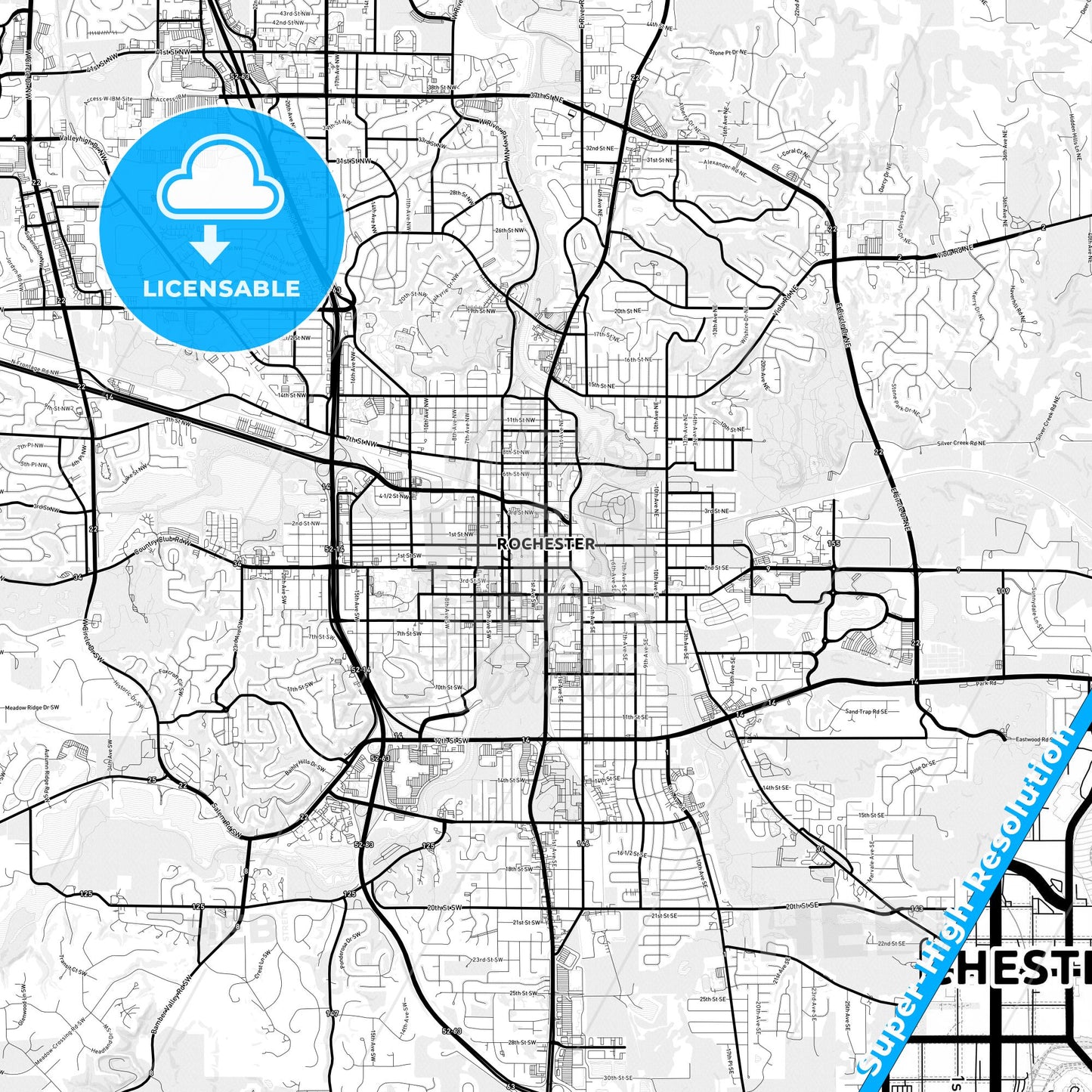 Rochester, Minnesota Light Map with Street Names, City Names, and Districts