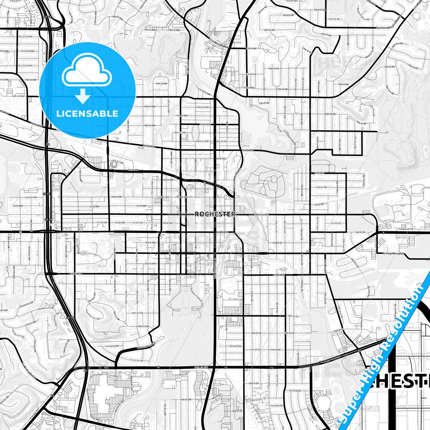 Rochester, Minnesota Light Map with Street Names, City Names, and Districts