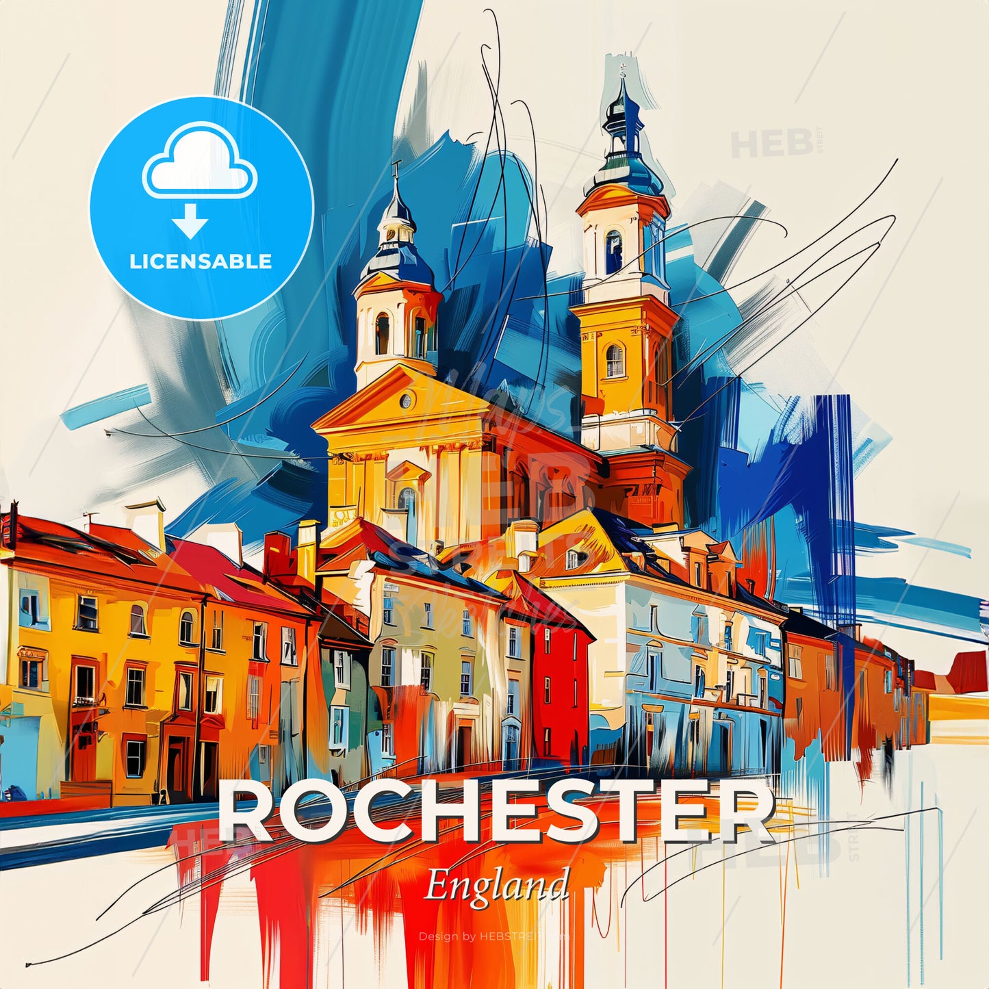 Vibrant Rochester, England - A Painting Of A Building With Towers - Square format print template