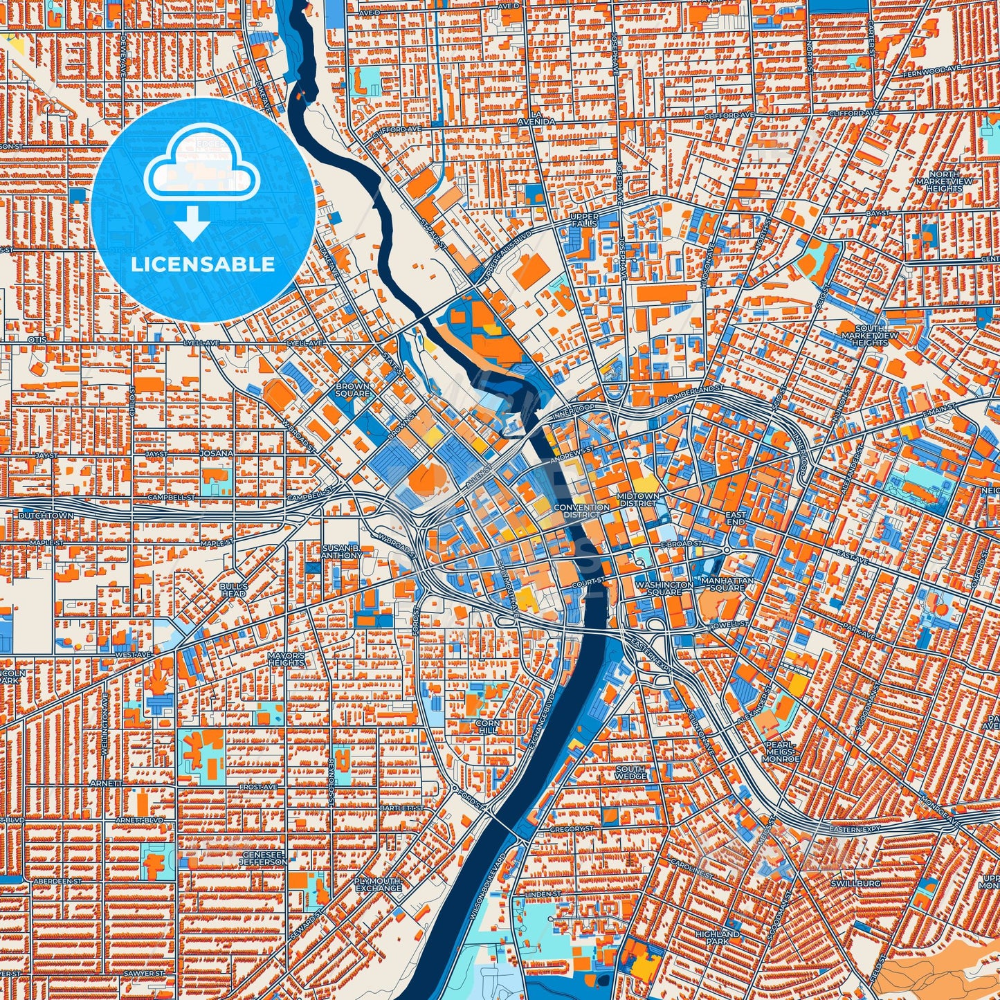 Colorful Rochester Street Map with Labels and Buildings