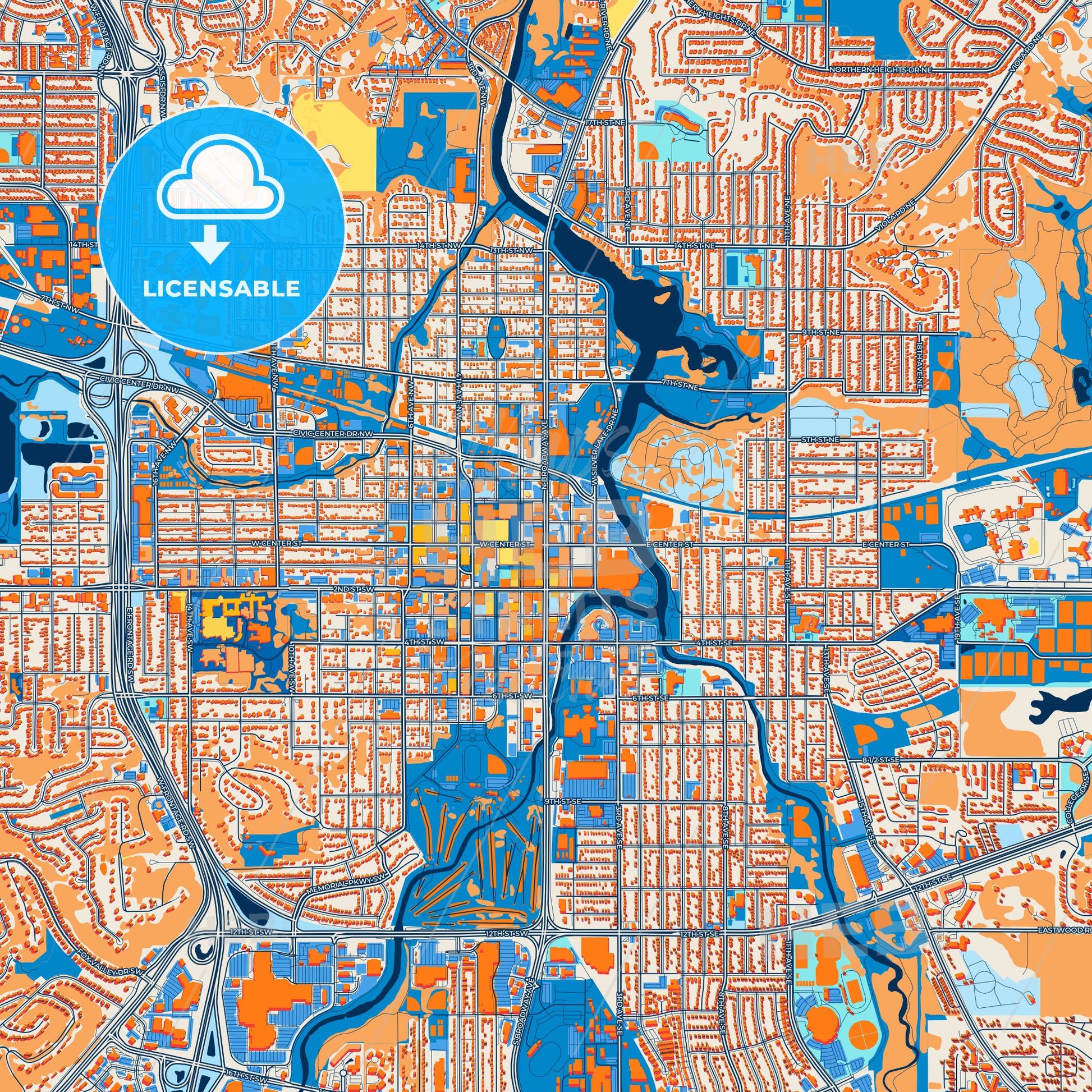 Colorful Rochester Street Map with Labels and Buildings