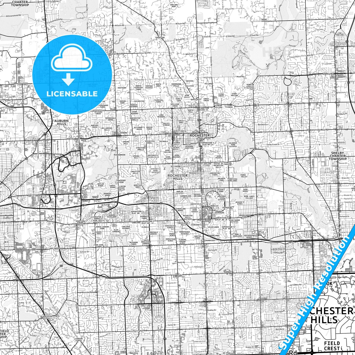 Rochester Hills, Michigan light map with streetnames, citynames and districts