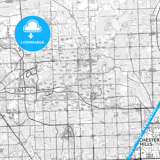 Rochester Hills, Michigan light map with streetnames, citynames and districts