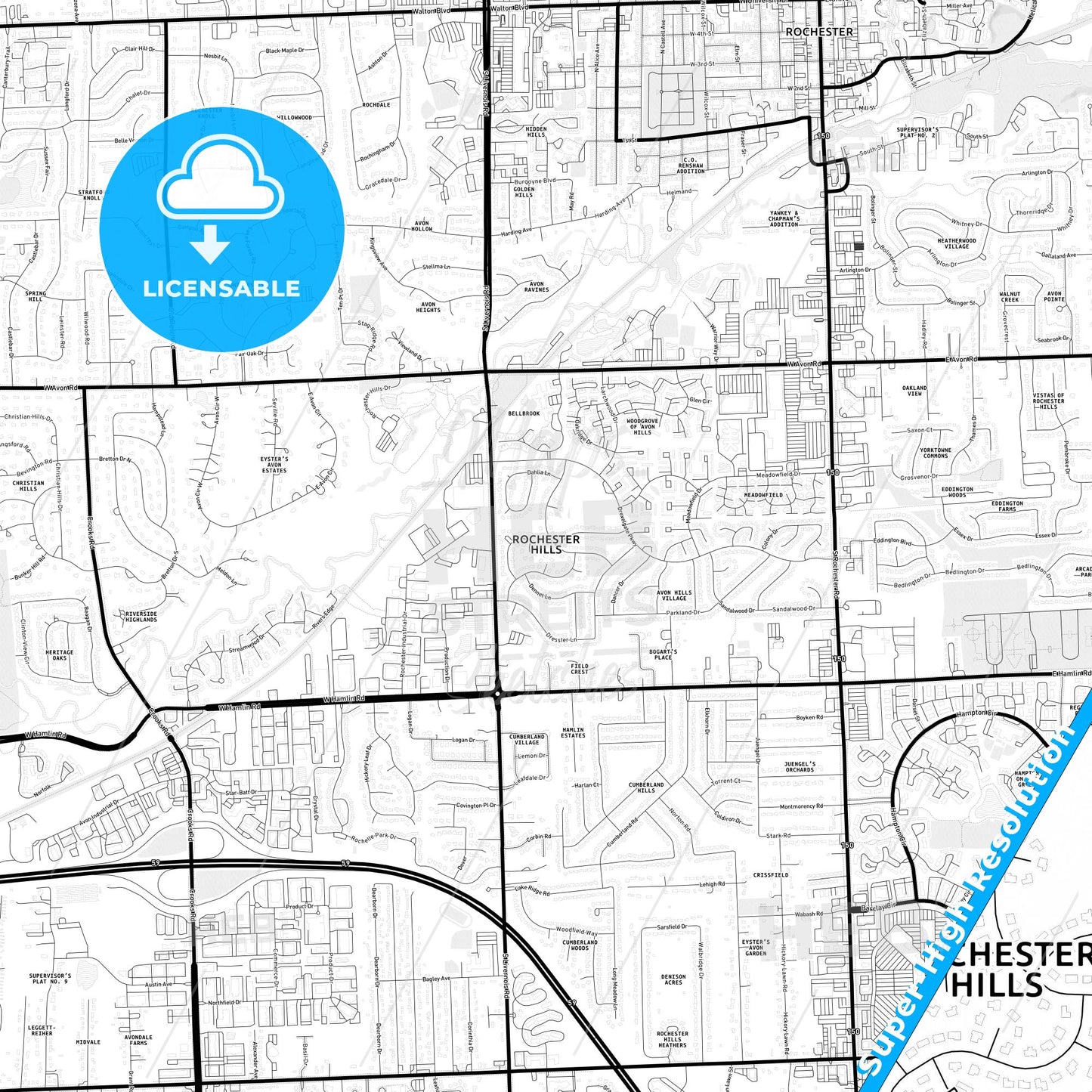 Rochester Hills, Michigan Light Map with Street Names, City Names, and Districts