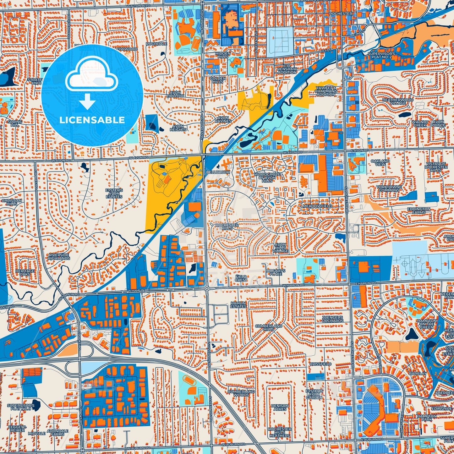 Colorful Rochester Hills Street Map with Labels and Buildings