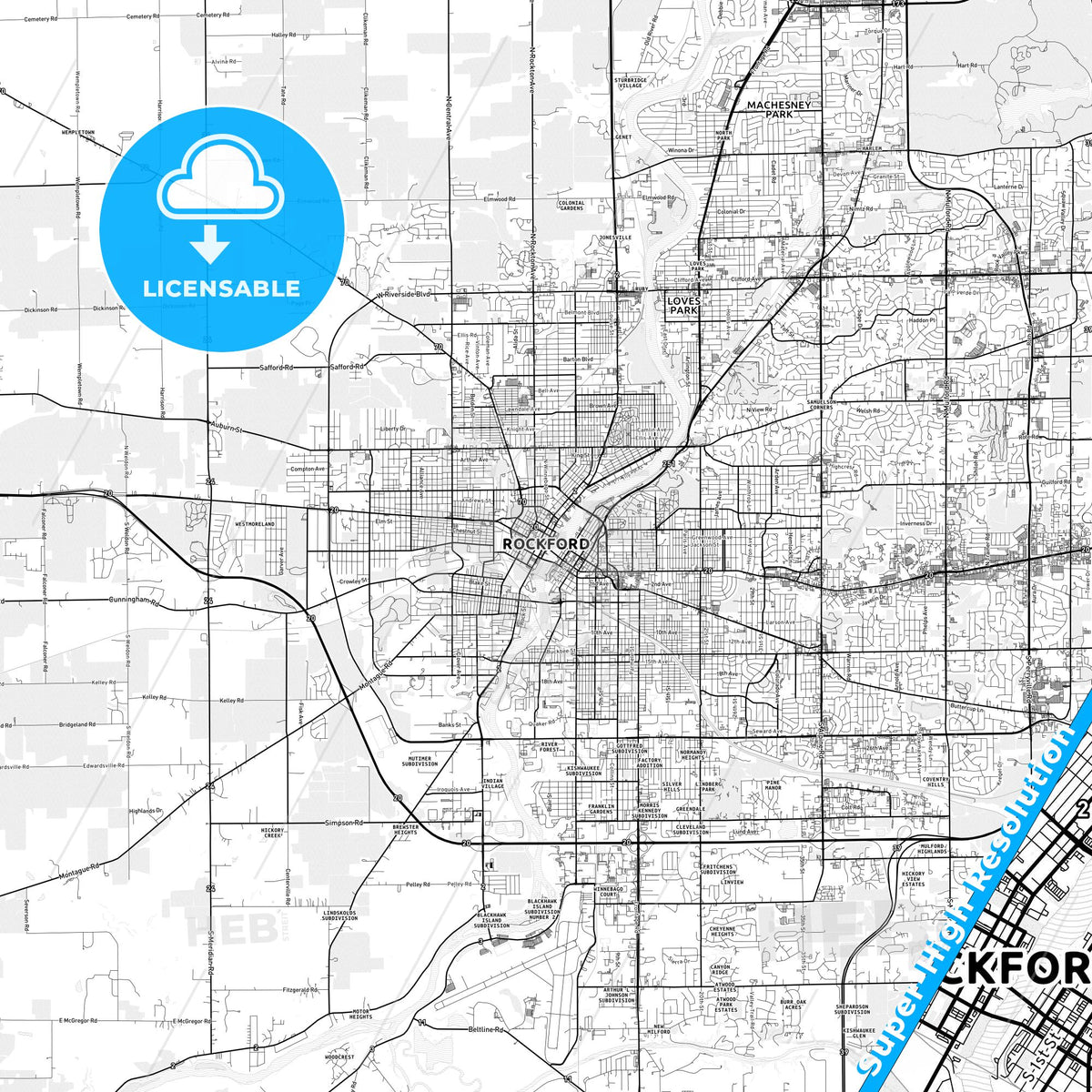Rockford, Illinois light map with streetnames, citynames and districts