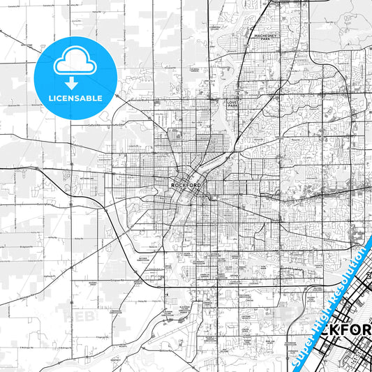 Rockford, Illinois light map with streetnames, citynames and districts