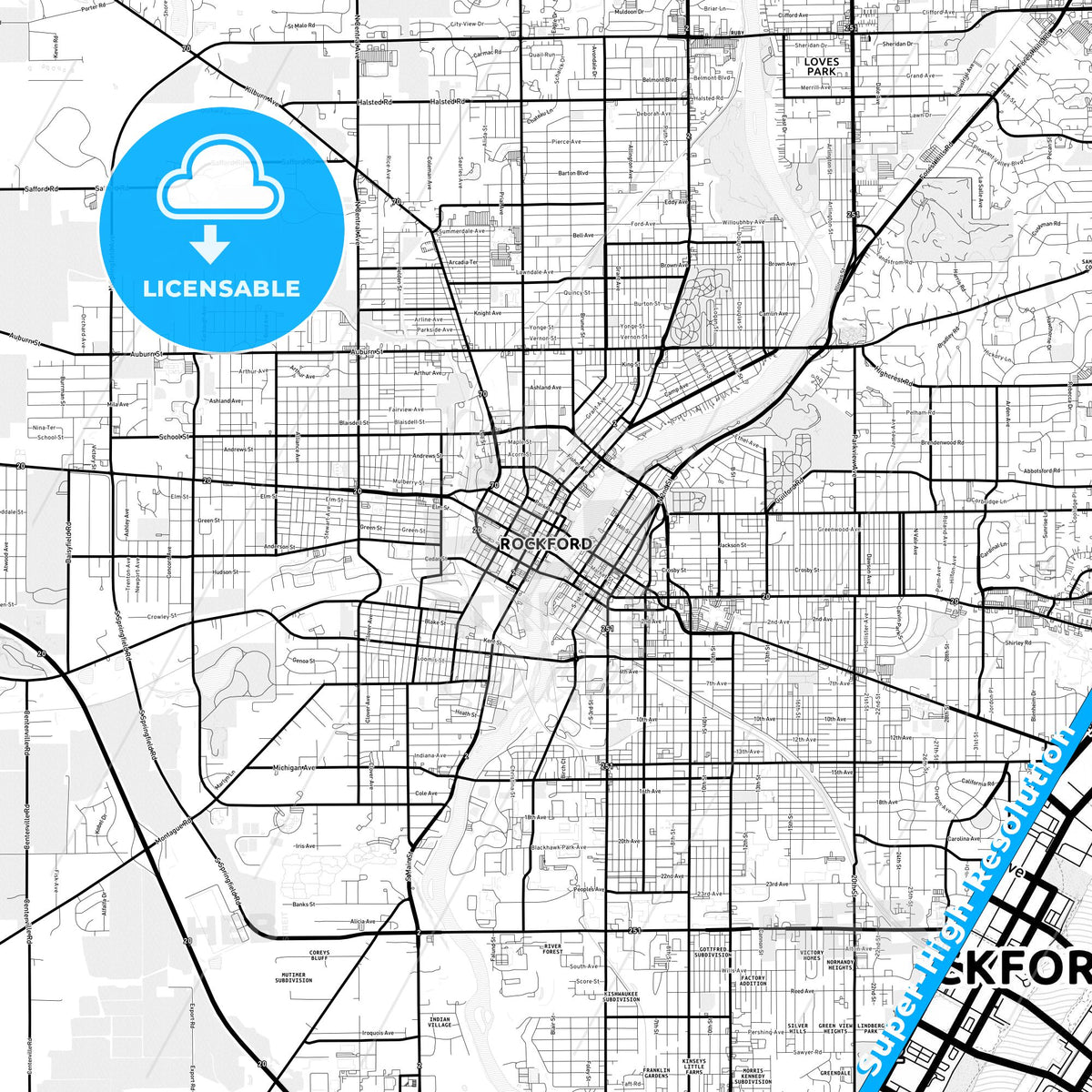 Rockford, Illinois Light Map with Street Names, City Names, and Districts
