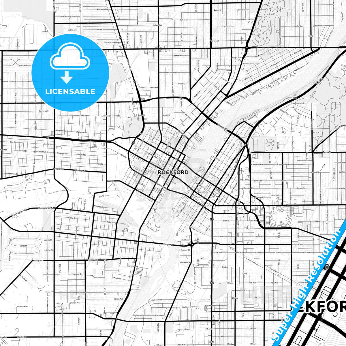 Rockford, Illinois Light Map with Street Names, City Names, and Districts