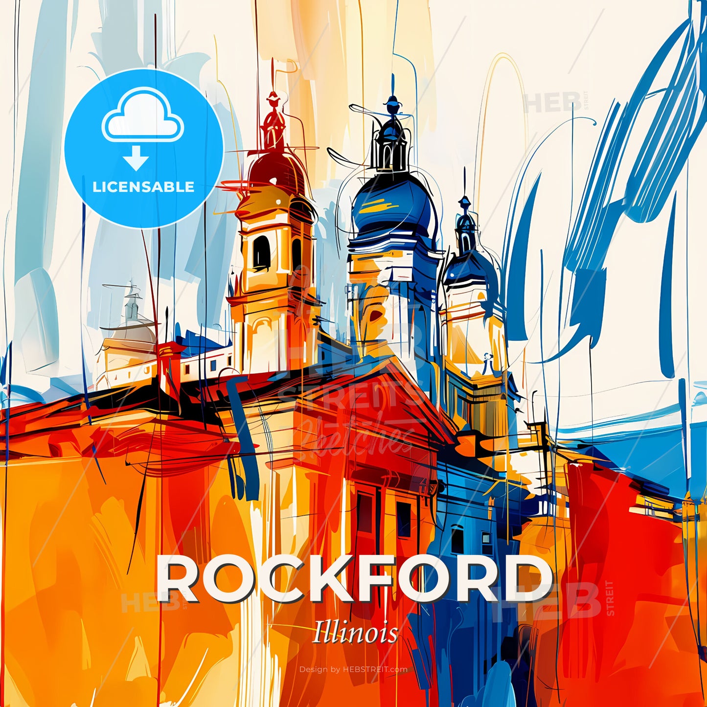Vibrant Rockford, Illinois - A Painting Of A Building With Towers - Square format print template