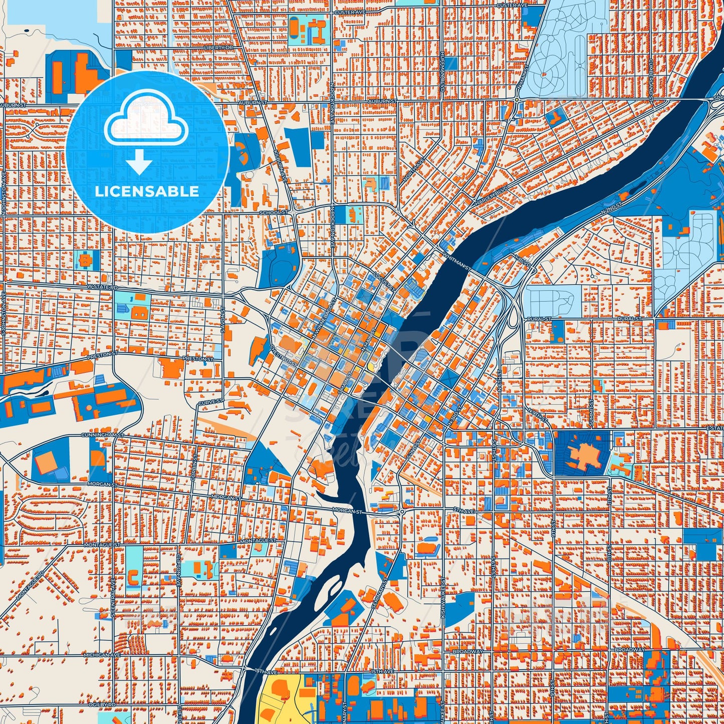 Colorful Rockford Street Map with Labels and Buildings