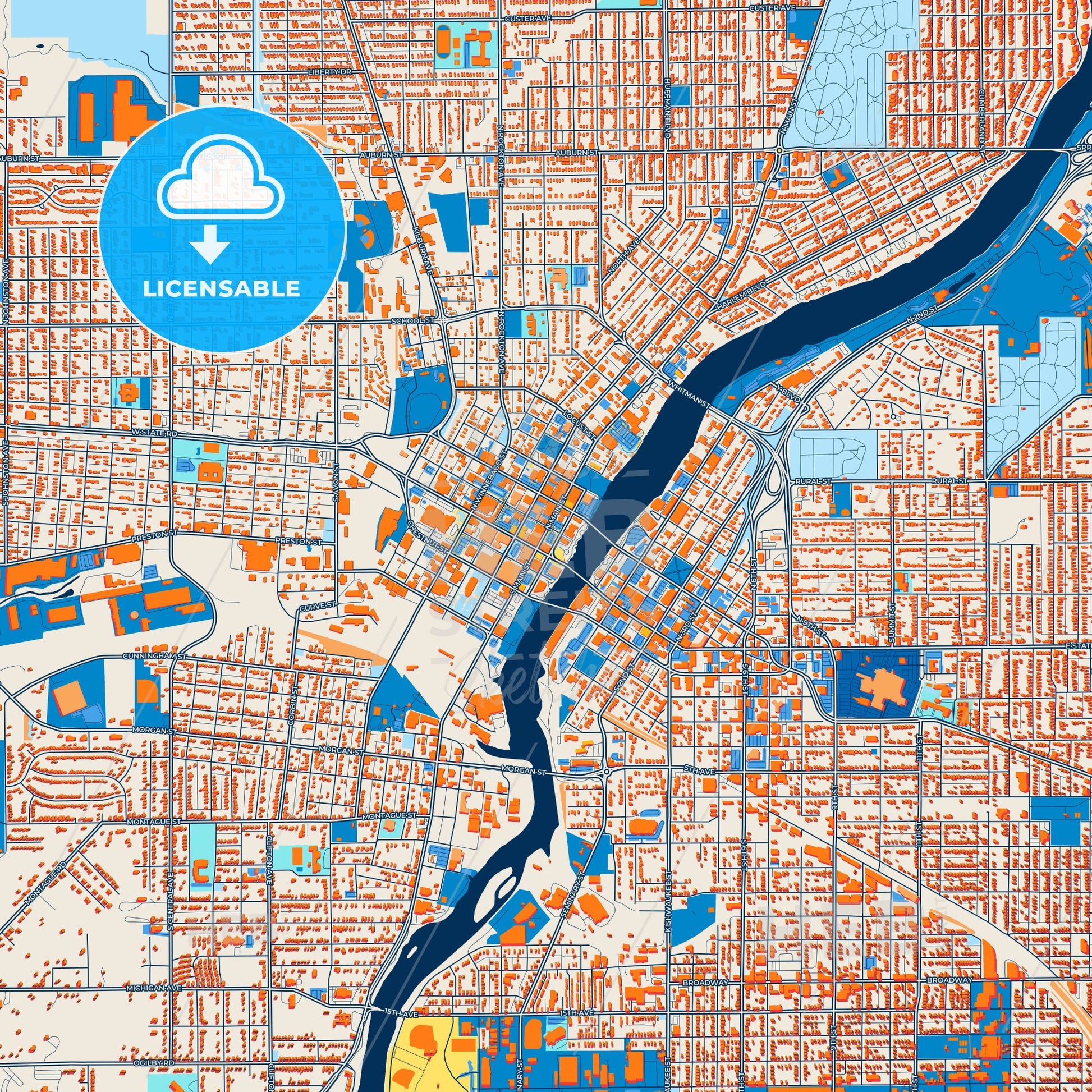 Colorful Rockford Street Map with Labels and Buildings