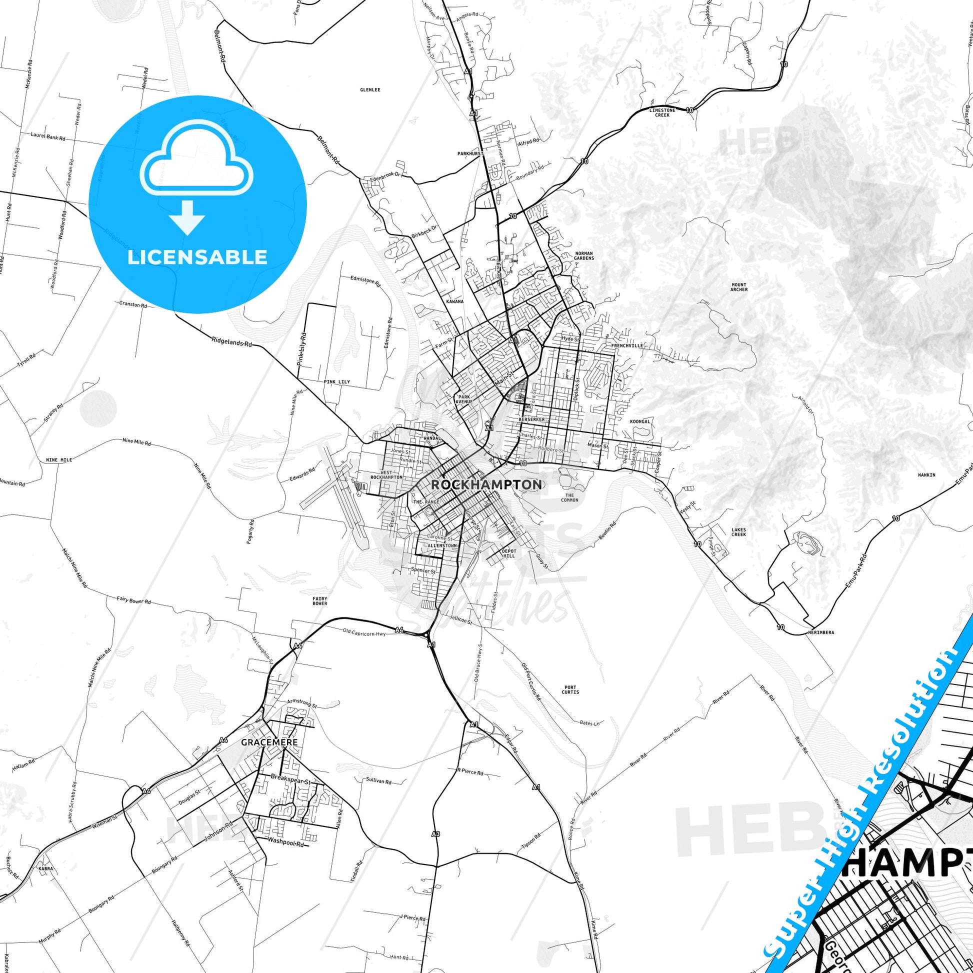 Rockhampton, Australia light map with streetnames, citynames and districts