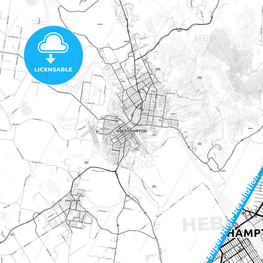 Rockhampton, Australia light map with streetnames, citynames and districts