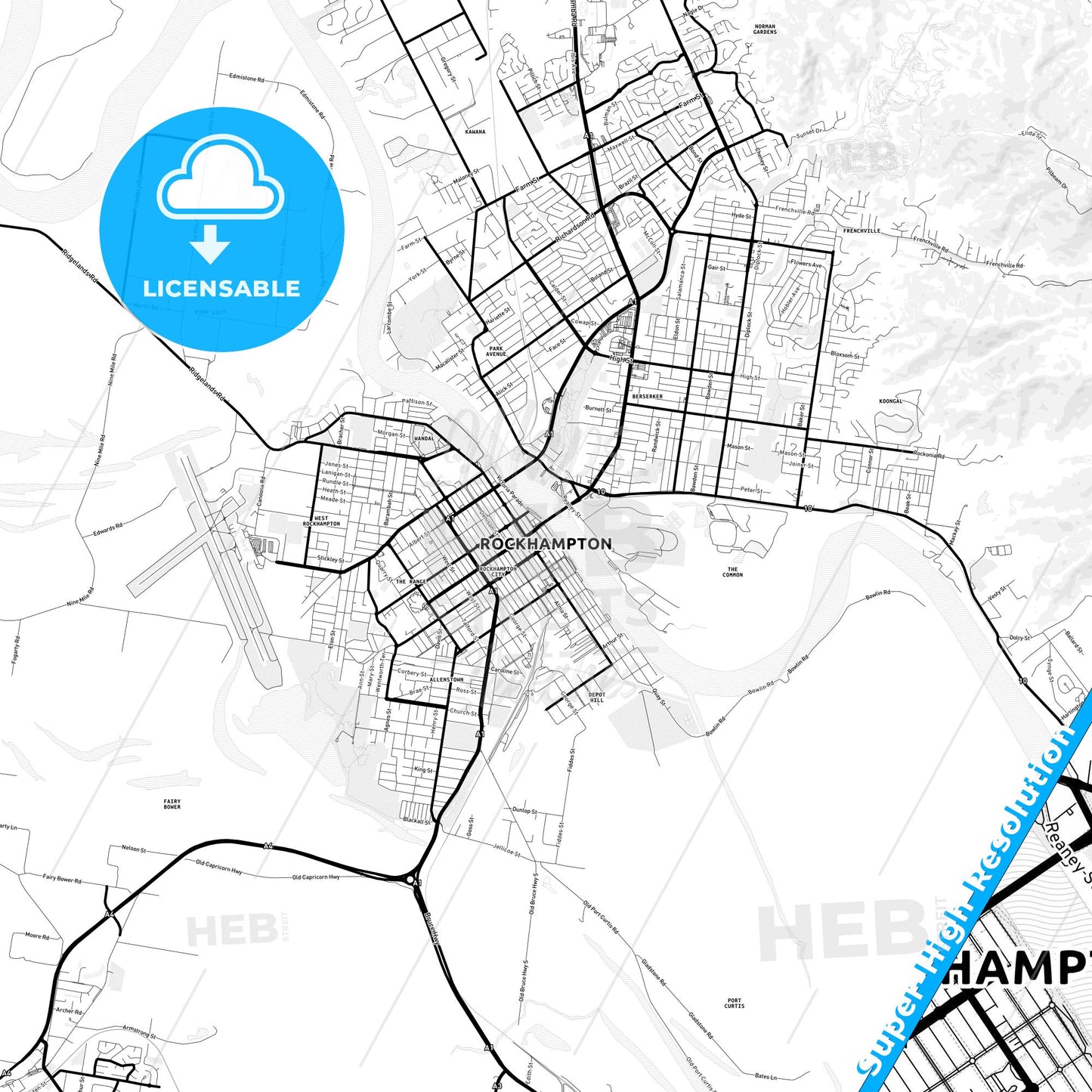 Rockhampton, Australia Light Map with Street Names, City Names, and Districts
