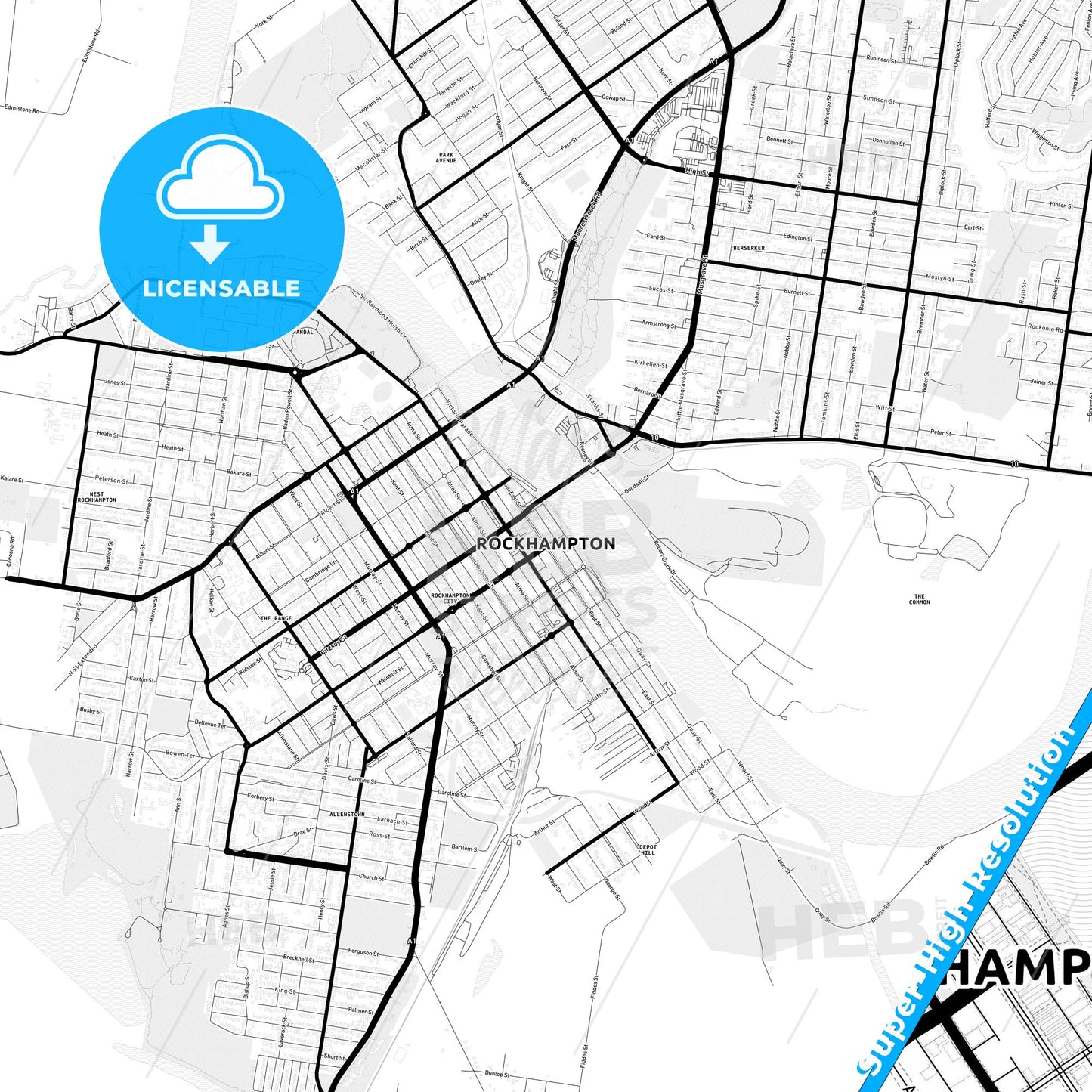 Rockhampton, Australia Light Map with Street Names, City Names, and Districts