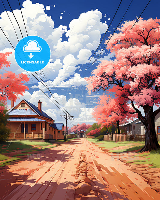Vibrant Painting of Rockhampton Australia Skyline: Pink Trees and Houses Highlight Road in Artistic Depiction
