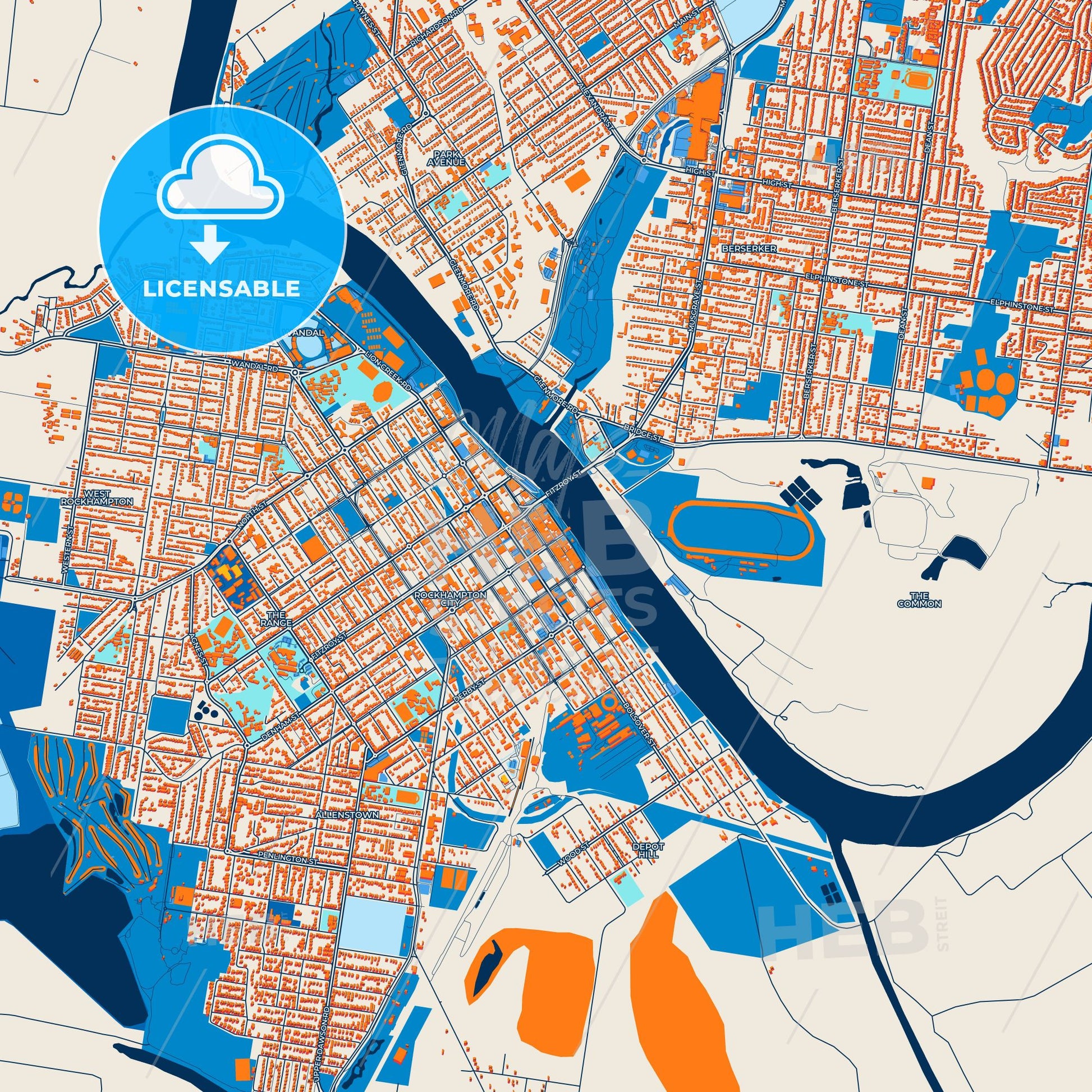 Colorful Rockhampton Street Map with Labels and Buildings