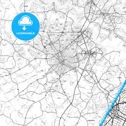 Rock Hill, South Carolina light map with streetnames, citynames and districts